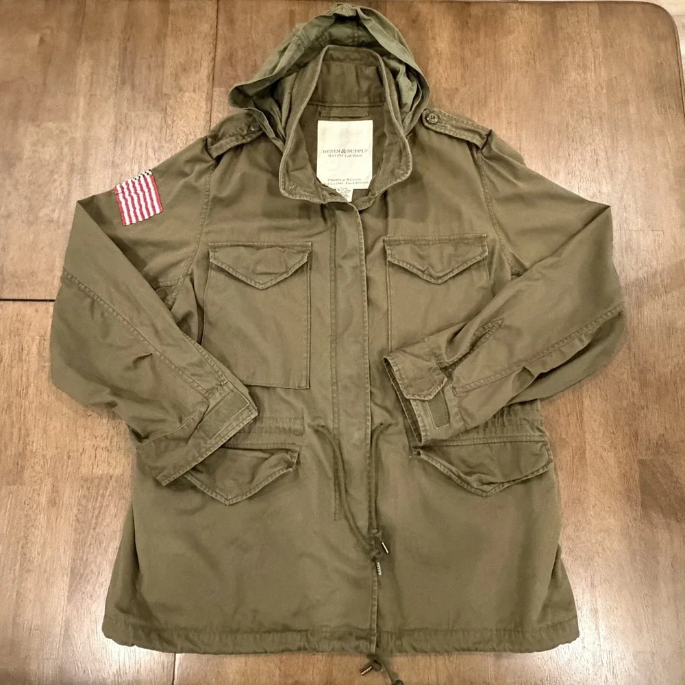 Denim Supply Ralph Lauren Jacket Mens XL Green Military M65 Field Coat USA Flag